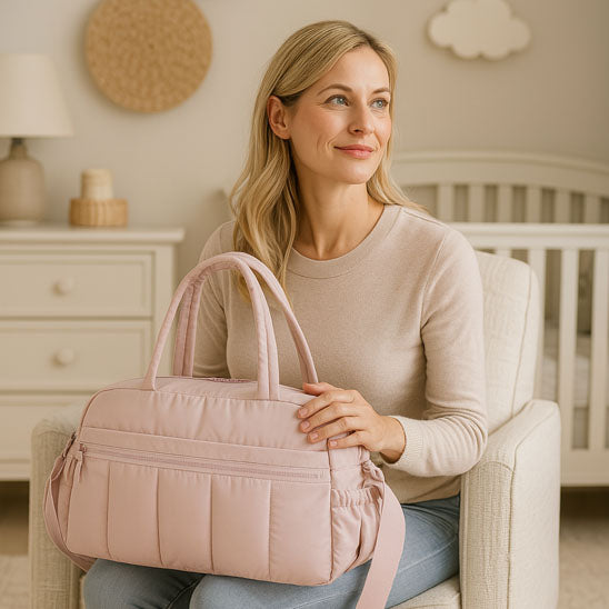 une maman avec un sac a langer rose